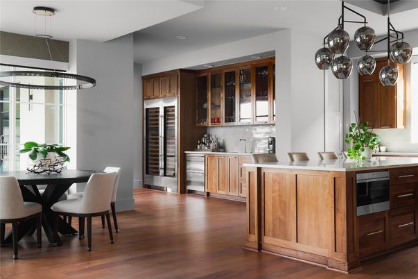 Dining room, Interior, Kitchen, Pendant Lights, Recessed Lighting, Wood Texture Flooring