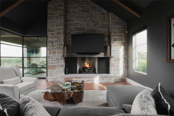 Fireplace, Interior, Living room, Stone Walls, Wooden Beams, Wood Texture Flooring