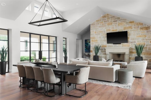 Dining room, Fireplace, Interior, Living room, Pendant Lights, Recessed Lighting, Stone Walls, Wood Texture Flooring