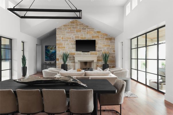 Dining room, Fireplace, Interior, Living room, Stone Walls, Wood Texture Flooring