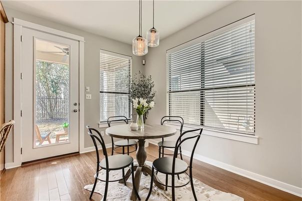 Dining room, Interior, Pendant Lights, Wood Texture Flooring