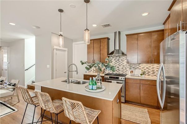 Interior, Kitchen, Pendant Lights, Recessed Lighting, Stainless Steel Appliances, Wood Texture Flooring