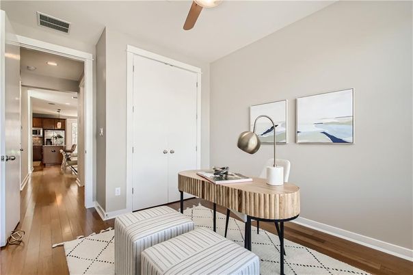 Home Office, Interior, Pendant Lights, Recessed Lighting, Wood Texture Flooring