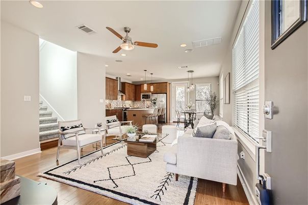 Dining room, Interior, Kitchen, Living room, Pendant Lights, Recessed Lighting, Wood Texture Flooring