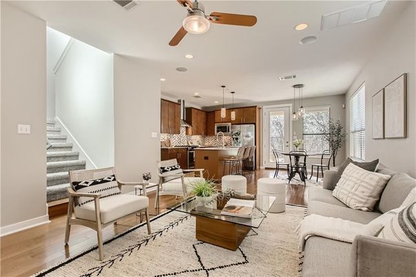 Dining room, Interior, Kitchen, Living room, Pendant Lights, Recessed Lighting, Wood Texture Flooring