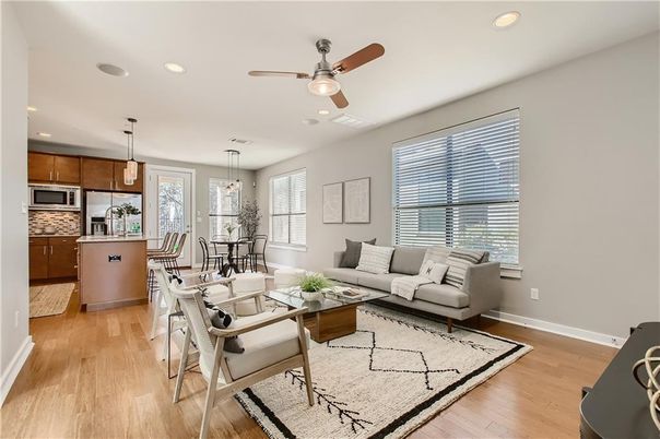 Dining room, Interior, Kitchen, Living room, Pendant Lights, Recessed Lighting, Stainless Steel Appliances, Wood Texture Flooring