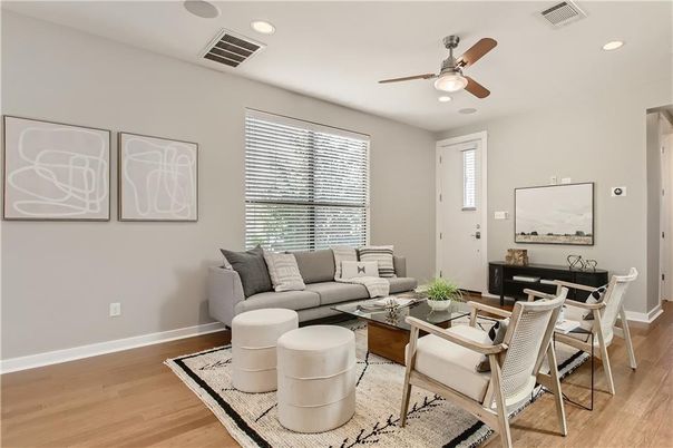 Dining room, Interior, Living room, Recessed Lighting, Wood Texture Flooring