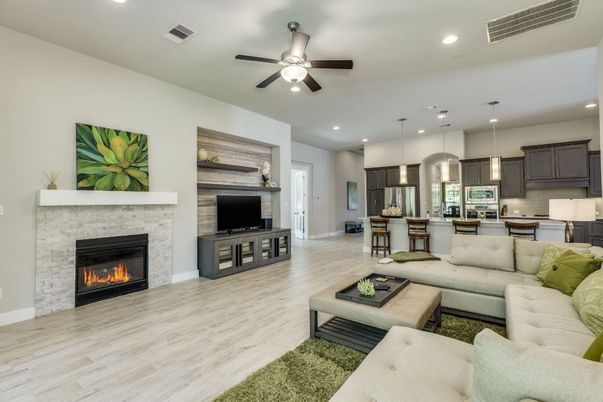Fireplace, Interior, Kitchen, Living room, Pendant Lights, Recessed Lighting, Wood Texture Flooring