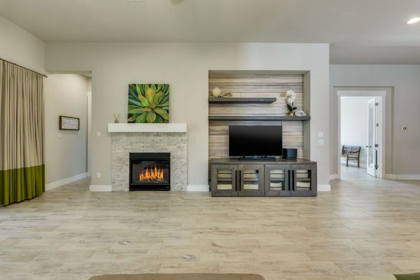 Fireplace, Interior, Recessed Lighting, Wood Texture Flooring