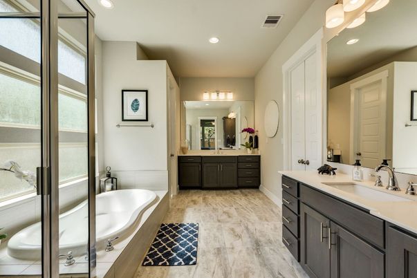Bathroom, Dual Sink Vanities, Interior, Marble, Recessed Lighting