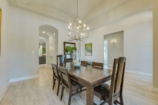 Dining room, Interior, Pendant Lights, Recessed Lighting, Wood Texture Flooring