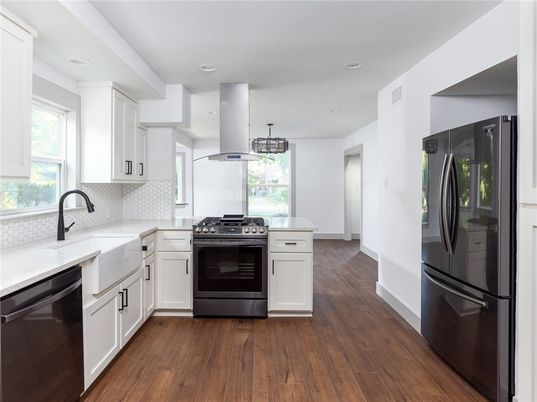 Interior, Kitchen, Pendant Lights, Recessed Lighting, Stainless Steel Appliances, Wood Texture Flooring