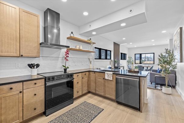 Dining room, Interior, Kitchen, Recessed Lighting, Stainless Steel Appliances, Wood Texture Flooring