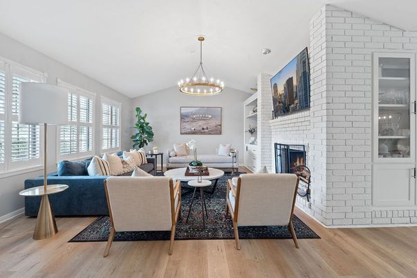 Fireplace, Interior, Living room, Pendant Lights, Stone Walls, Wood Texture Flooring
