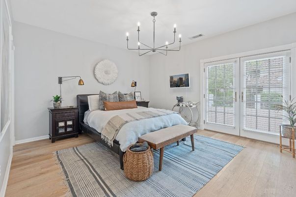 Bedroom, Chandelier, Interior, Wood Texture Flooring