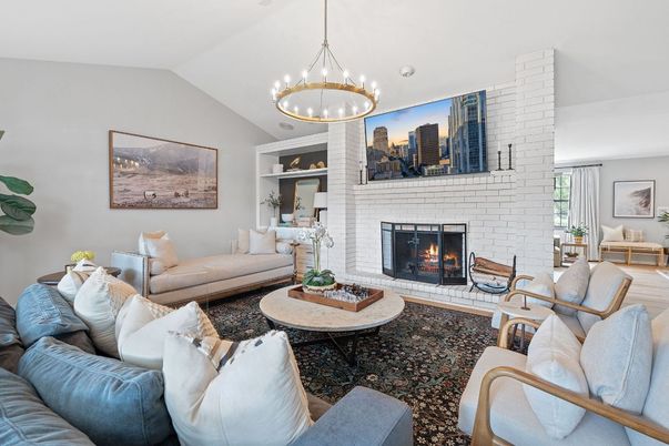 Fireplace, Interior, Living room, Pendant Lights, Stone Walls, Wood Texture Flooring