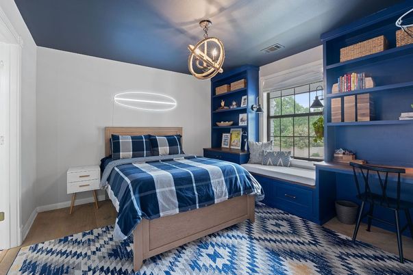 Bedroom, Interior, Pendant Lights, Wood Texture Flooring