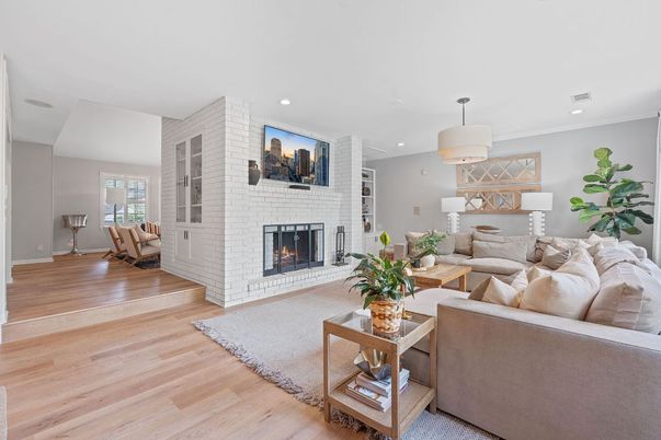 Fireplace, Interior, Living room, Pendant Lights, Recessed Lighting, Stone Walls, Wood Texture Flooring