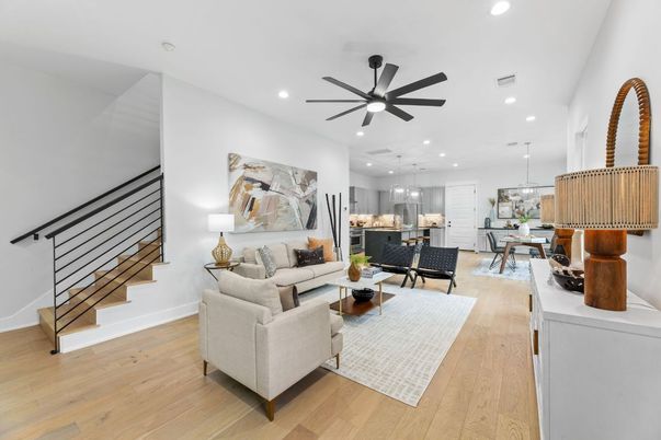 Dining room, Interior, Kitchen, Living room, Pendant Lights, Recessed Lighting, Stainless Steel Appliances, Wood Texture Flooring