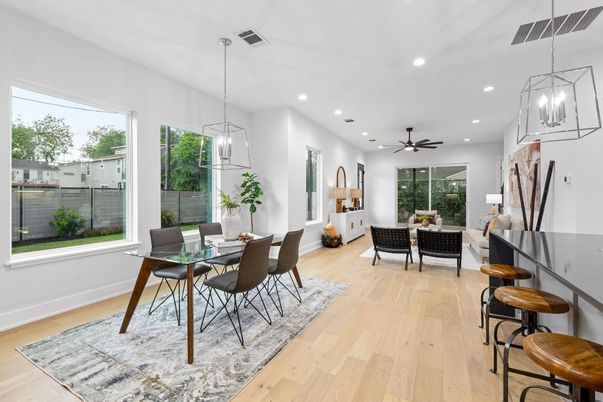 Dining room, Interior, Pendant Lights, Recessed Lighting, Wood Texture Flooring