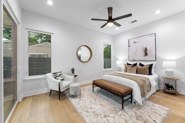 Bedroom, Interior, Recessed Lighting, Wood Texture Flooring