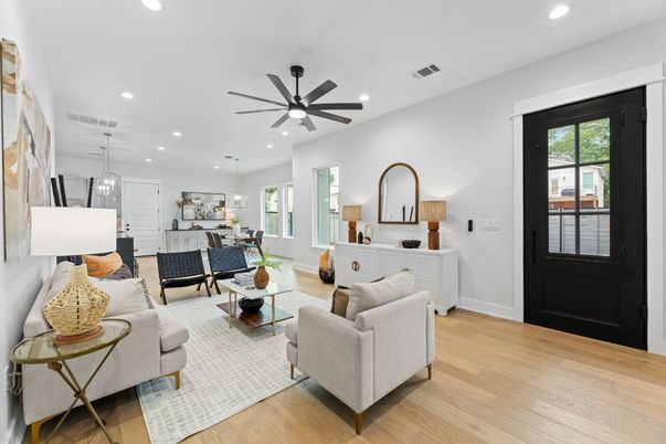 Dining room, Interior, Living room, Pendant Lights, Recessed Lighting, Wood Texture Flooring
