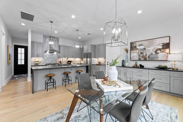 Dining room, Interior, Kitchen, Pendant Lights, Recessed Lighting, Stainless Steel Appliances, Wood Texture Flooring