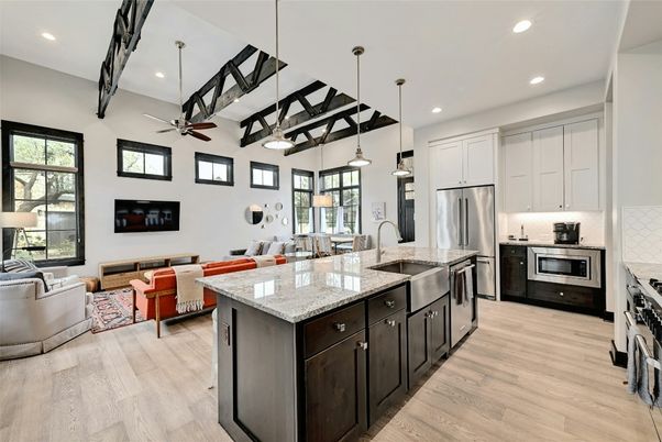 Interior, Kitchen, Living room, Pendant Lights, Recessed Lighting, Stainless Steel Appliances, Wood Texture Flooring