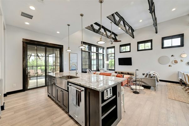 Interior, Kitchen, Living room, Pendant Lights, Recessed Lighting, Wood Texture Flooring