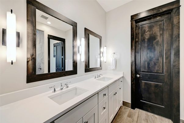 Bathroom, Dual Sink Vanities, Interior, Recessed Lighting, Wood Texture Flooring