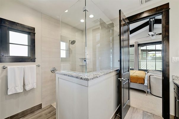 Bathroom, Glass Shower, Interior, Recessed Lighting, Wood Texture Flooring