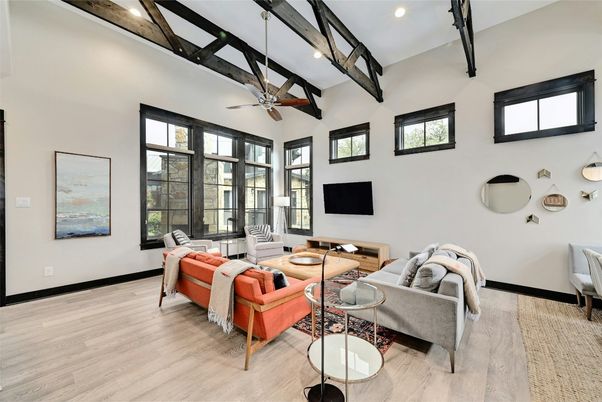 Interior, Living room, Recessed Lighting, Wooden Beams, Wood Texture Flooring
