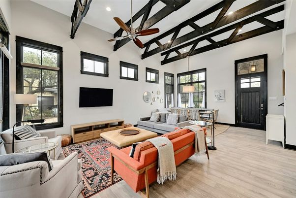 Interior, Living room, Pendant Lights, Recessed Lighting, Wooden Beams, Wood Texture Flooring