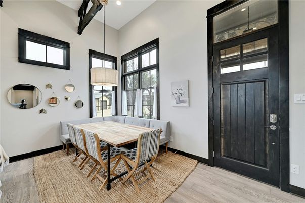 Dining room, Interior, Pendant Lights, Recessed Lighting, Wood Texture Flooring
