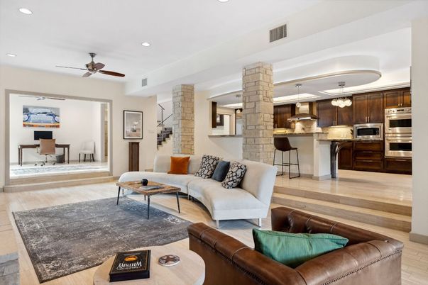 Dining room, Interior, Kitchen, Living room, Recessed Lighting, Stainless Steel Appliances, Wood Texture Flooring