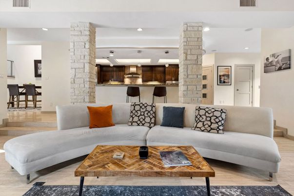 Dining room, Interior, Kitchen, Living room, Recessed Lighting, Stone Walls, Wood Texture Flooring