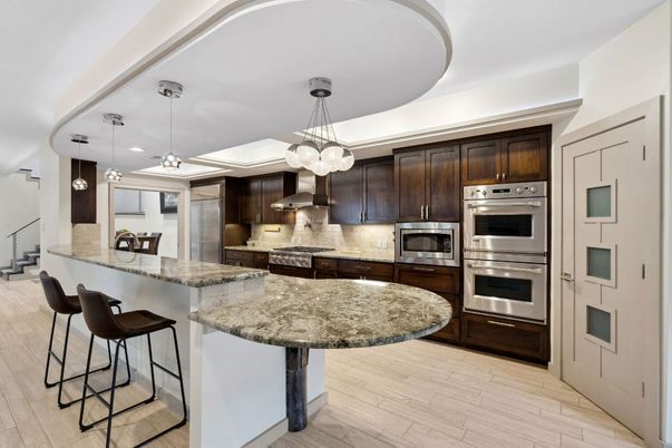 Interior, Kitchen, Pendant Lights, Stainless Steel Appliances, Wood Texture Flooring