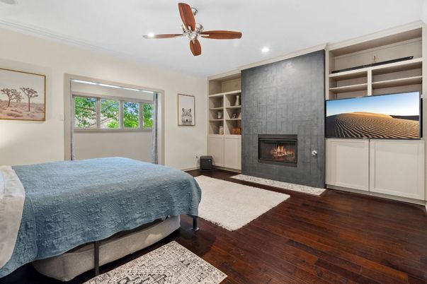 Bedroom, Fireplace, Interior, Recessed Lighting, Wood Texture Flooring