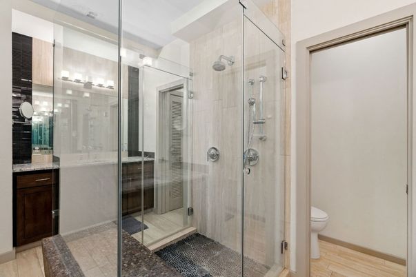 Bathroom, Glass Shower, Interior, Wood Texture Flooring