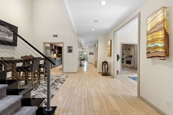 Fireplace, Interior, Recessed Lighting, Wood Texture Flooring