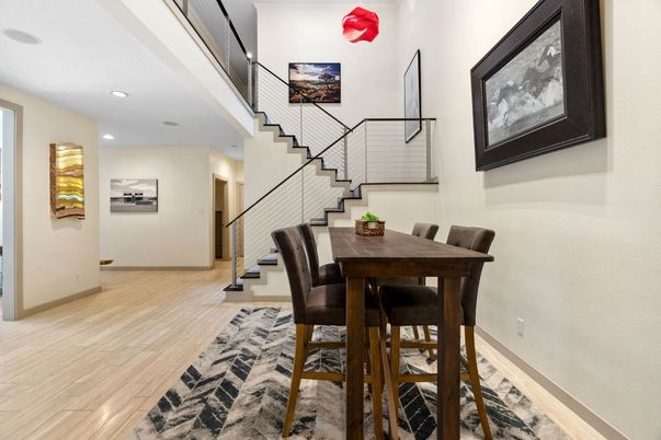 Dining room, Interior, Recessed Lighting, Wood Texture Flooring