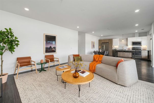Interior, Kitchen, Living room, Pendant Lights, Recessed Lighting, Stainless Steel Appliances, Wood Texture Flooring