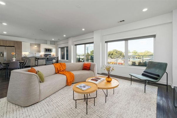 Dining room, Interior, Kitchen, Living room, Pendant Lights, Recessed Lighting, Stainless Steel Appliances, Wood Texture Flooring