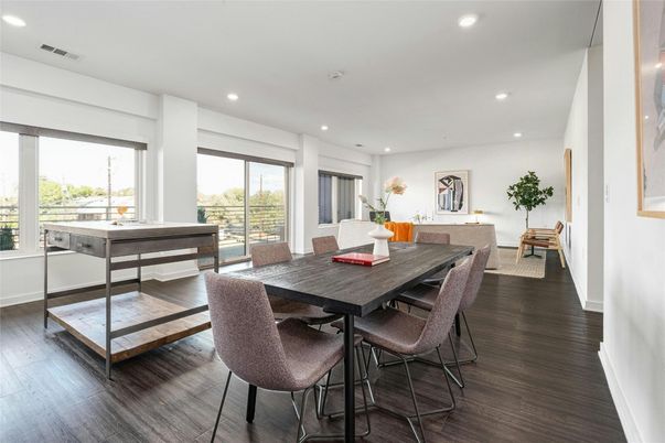 Dining room, Game Room, Interior, Recessed Lighting, Wood Texture Flooring