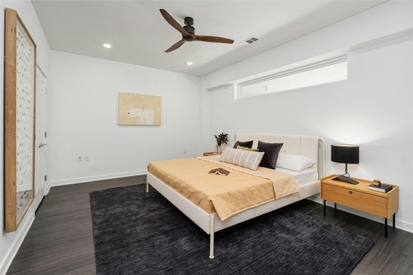 Bedroom, Interior, Recessed Lighting, Wood Texture Flooring