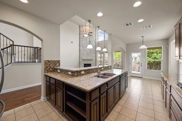 Fireplace, Interior, Kitchen, Pendant Lights, Recessed Lighting, Wood Texture Flooring