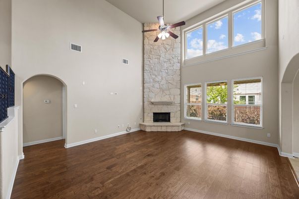 Empty room, Fireplace, Interior, Stone Walls, Wood Texture Flooring