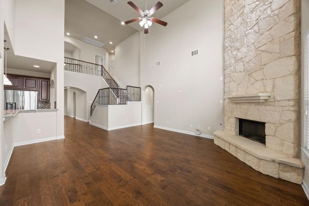 Fireplace, Interior, Recessed Lighting, Stone Walls, Wood Texture Flooring