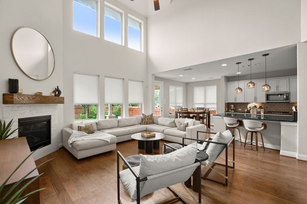 Dining room, Fireplace, Interior, Kitchen, Living room, Pendant Lights, Recessed Lighting, Wood Texture Flooring