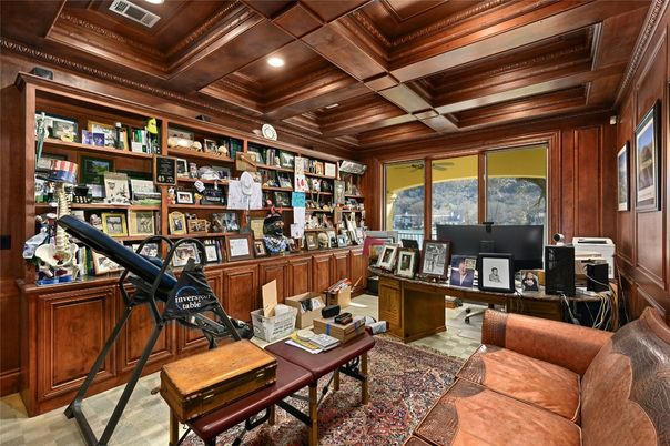 Fitness Equipment, Home Office, Interior, Living room, Recessed Lighting, Wooden Beams, Wooden Ceilings, Wooden Walls